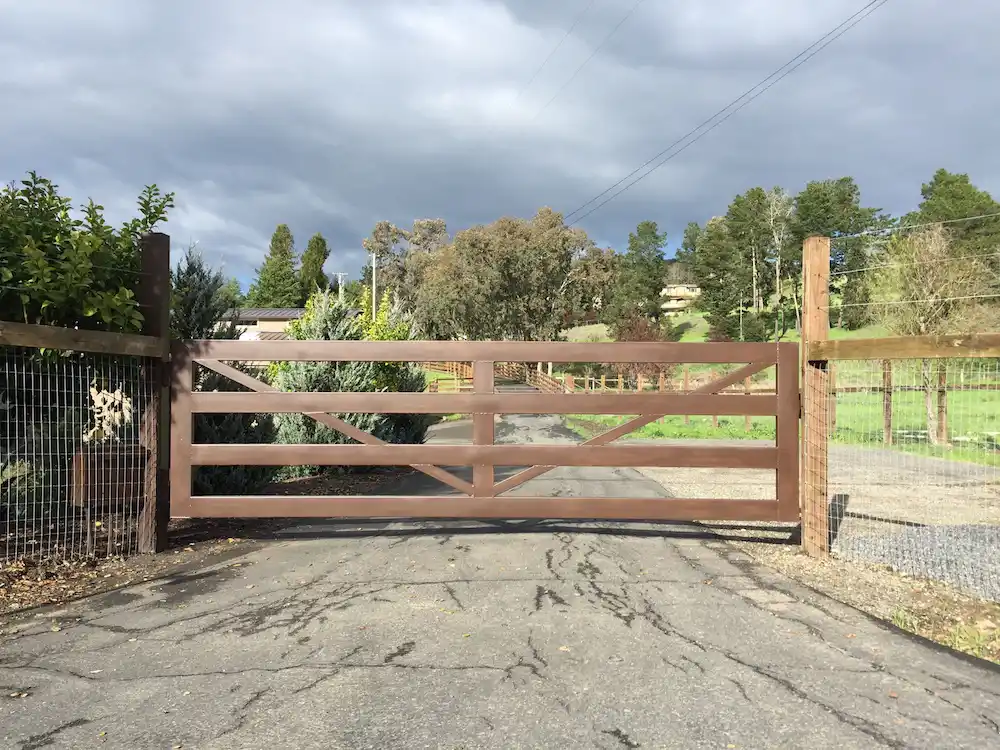 14 foot 2x6 steel 4 rail entrance gate powder coated brown built by s c barns